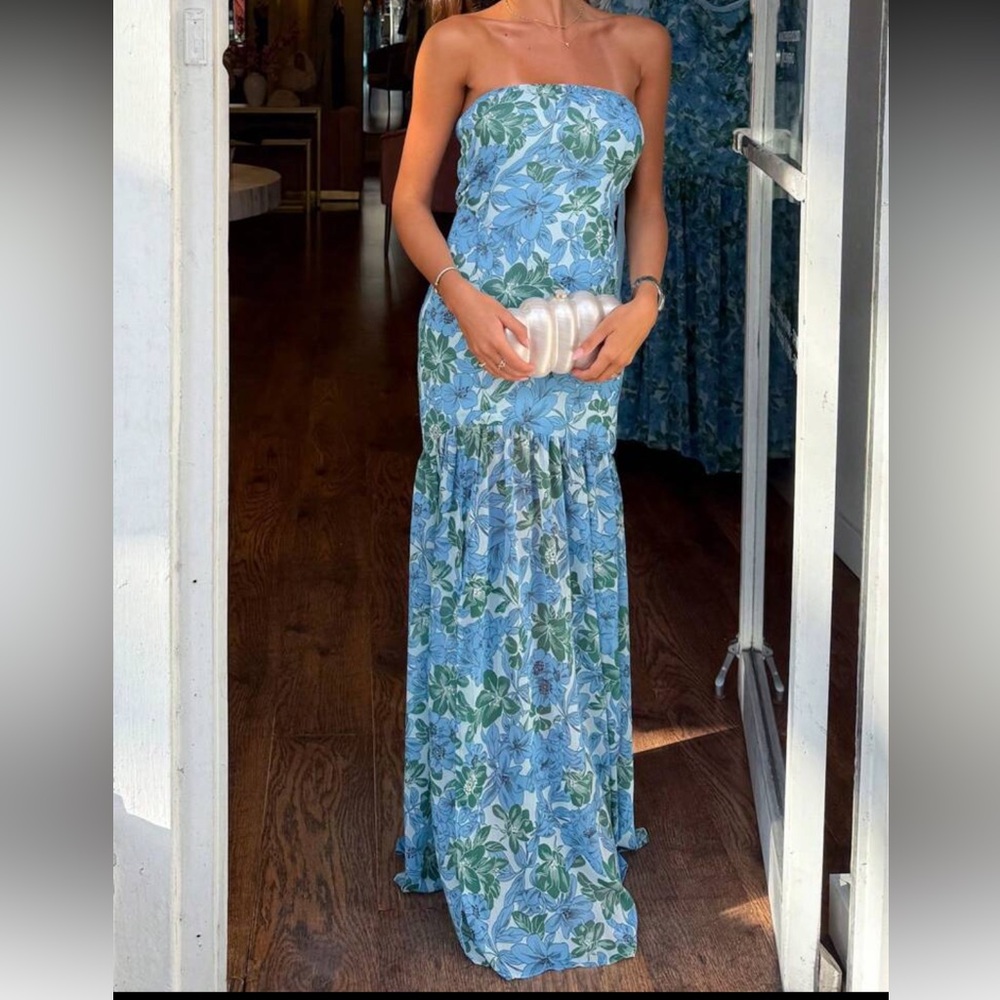 Floral Strapless Blue Maxi Dress